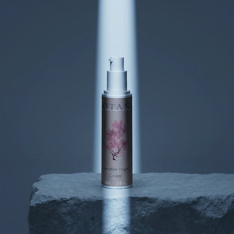 BOTANĒ Sensitive Night Cream pump bottle on a dark textured stone block illuminated by a dramatic vertical spotlight. product image