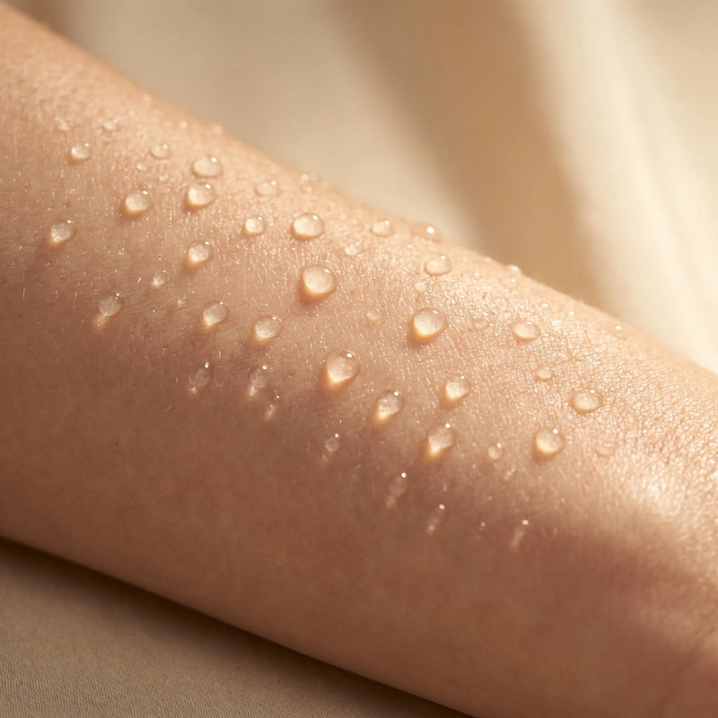 Close-up of glowing, hydrated skin covered in clear water droplets in warm light, representing BOTANĒ skincare moisture. product image