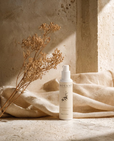 BOTANĒ Retinol Alternative Moisturiser pump bottle on textured stone with draped linen and dried flowers in warm sunlight.