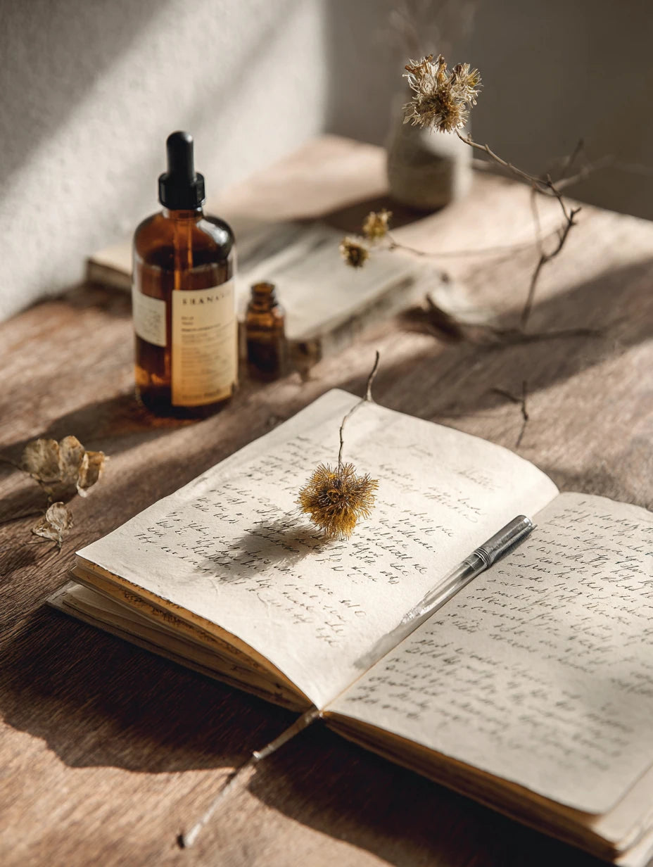 An open journal of handwritten notes and a dried flower resting on a rustic wooden table beside amber apothecary bottles in warm sunlight, evoking the botanical research behind BOTANĒ.