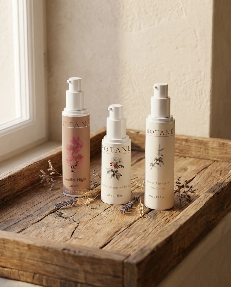 Three BOTANĒ pump bottles—Sensitive Night Cream, Retinol Alternative Serum, and Moisturiser—on a rustic wooden tray with dried lavender by a window.