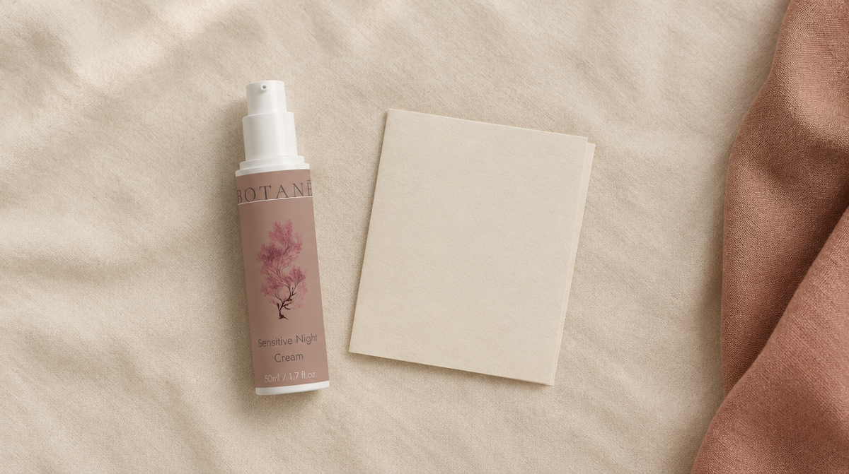 The BOTANĒ Overnight Cream lying flat on plain cream linen beside a blank folded card, with a dusty terracotta cloth at the right edge.