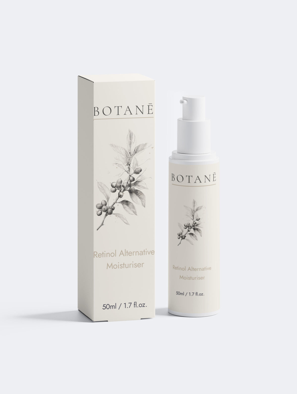 Front view of a 50ml BOTANĒ Retinol Alternative Moisturiser pump bottle next to its matching off-white packaging box, both featuring a vintage botanical illustration.
