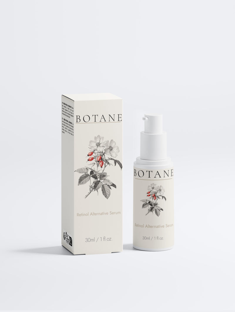 Front view of a 30ml BOTANĒ Retinol Alternative Serum pump bottle next to its matching white packaging box, both featuring a vintage botanical rosehip illustration. product image