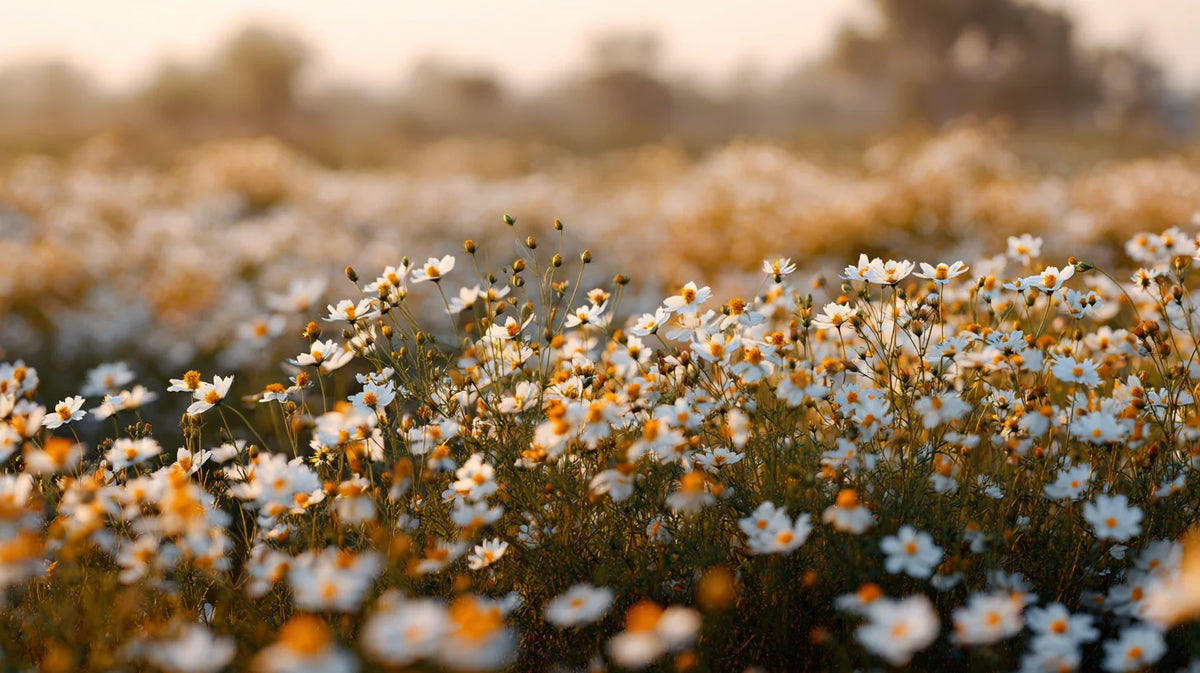 A sunlit field of blooming white flowers at golden hour, representing the natural botanical ingredients of BOTANĒ skincare.