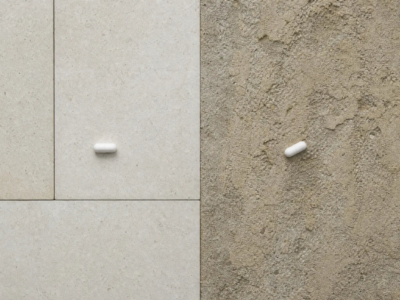 A split-screen composition showing a single white capsule on smooth, cut light stone on the left, contrasted with an identical white capsule on a rough, textured earthy surface on the right, illustrating the balance of clinical science and raw nature for BOTANĒ.