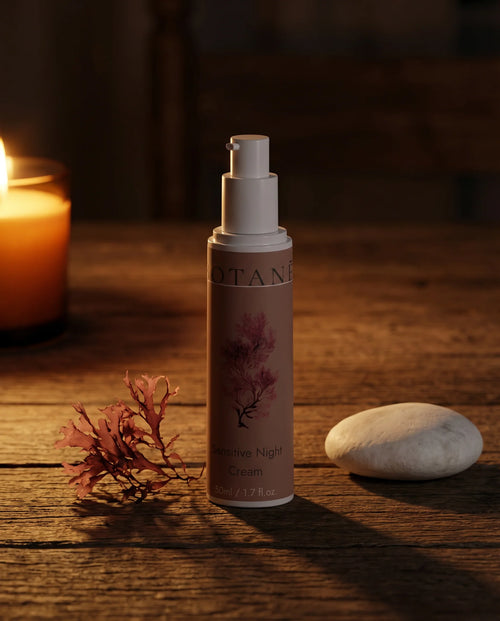 BOTANĒ Sensitive Night Cream pump bottle on a rustic wooden table in warm candlelight with red seaweed and a white stone.
