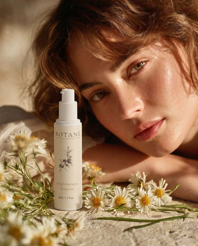 Woman with glowing skin resting next to a BOTANĒ Retinol Alternative Moisturiser pump bottle surrounded by fresh white daisies.