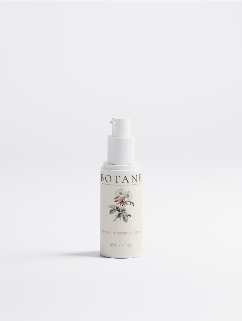 BOTANE Retinol Alternative Serum, 30ml / 1 fl.oz. white pump bottle with detailed rosehip botanical illustration on label product image